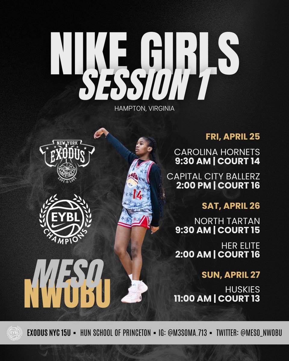 Meso Nwobu (@meso_nwobu) on Twitter photo First stop for <a href="/NikeGirlsEYBL/">Nike Girls EYBL</a> with <a href="/Exodushoops/">Exodus NYC</a> at Boo Williams Invitational. Check out my schedule! All games at Hampton Roads Convention Center. #roadtoCHI #boowilliams First stop for <a href="/NikeGirlsEYBL/">Nike Girls EYBL</a> with <a href="/Exodushoops/">Exodus NYC</a> at Boo Williams Invitational. Check out my schedule! All games at Hampton Roads Convention Center. #roadtoCHI #boowilliams