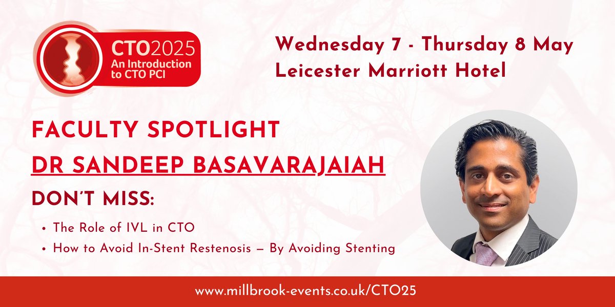 Millbrook Medical Conferences (@millbrookmed) on Twitter photo 🎙️Faculty Spotlight! Dr <a href="/SBasavarajaiah/">Sandeep Basavarajaiah</a> will speak at Chronic Total Occlusions: An Introduction to CTO PCI
His talks include:
🔹The Role of IVL in CTO (supported by <a href="/ShockwaveIVL/">Shockwave Medical</a>)
🔹How to Avoid In-Stent Restenosis — By Avoiding Stenting
⏳ Still time to sign up — register now! 🎙️Faculty Spotlight! Dr <a href="/SBasavarajaiah/">Sandeep Basavarajaiah</a> will speak at Chronic Total Occlusions: An Introduction to CTO PCI
His talks include:
🔹The Role of IVL in CTO (supported by <a href="/ShockwaveIVL/">Shockwave Medical</a>)
🔹How to Avoid In-Stent Restenosis — By Avoiding Stenting
⏳ Still time to sign up — register now!