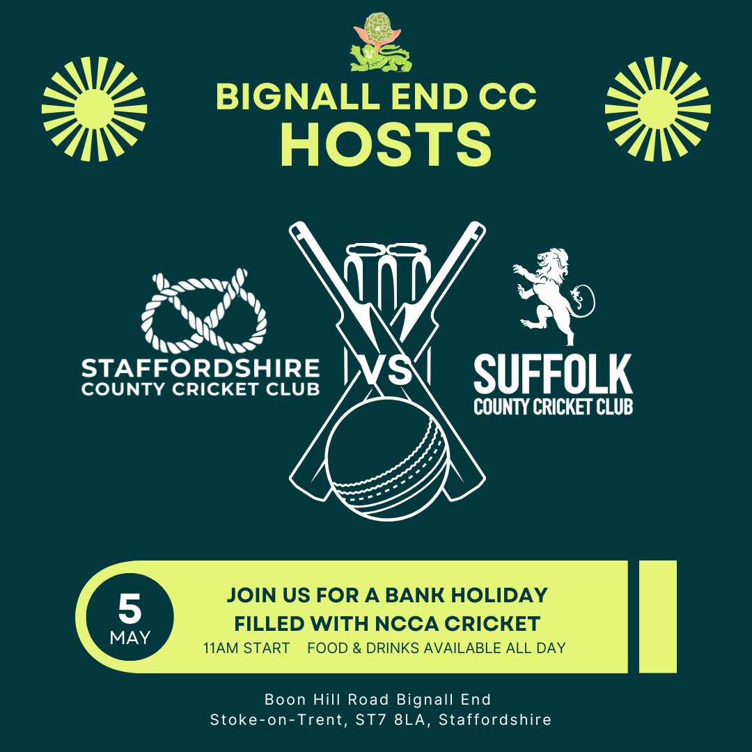 Bignall End Cricket Club (@becc1875) on Twitter photo 🟢🟢🟢<a href="/StaffsCCC/">Staffordshire CCC</a> v Suffolk 🔵🔵🔵
Staffs return to BECC for the first time in 30 years on Bank Holiday Monday!
Food & drink available all day
11am start
<a href="/ChrisTravers07/">Chris Travers</a> <a href="/nsscpcl/">North Staffs South Cheshire Premier Cricket League</a> <a href="/NCCA_uk/">NCCA (National Counties Cricket Association)</a> 🟢🟢🟢<a href="/StaffsCCC/">Staffordshire CCC</a> v Suffolk 🔵🔵🔵
Staffs return to BECC for the first time in 30 years on Bank Holiday Monday!
Food & drink available all day
11am start
<a href="/ChrisTravers07/">Chris Travers</a> <a href="/nsscpcl/">North Staffs South Cheshire Premier Cricket League</a> <a href="/NCCA_uk/">NCCA (National Counties Cricket Association)</a>