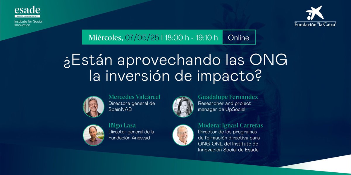 SpainNAB (@spainnab) on Twitter photo 💡 ¿Están aprovechando las ONG la #InversióndeImpacto?
Lo analizará <a href="/ESADEisocial/">ESADEisocial</a> con:
Ignasi Carreras <a href="/Esade/">Esade</a>
Guadalupe Fernández <a href="/UpSocialBCN/">UpSocial</a>
Íñigo Lasa <a href="/Anesvad/">Fundación Anesvad</a>
<a href="/MercedesValcarc/">Mercedes Valcárcel</a> #SpainNAB
📆 6 de mayo
⏰ 18:00-19:10
💻 online
➕ info e inscripciones 👉 corporate-events.esade.edu/ongsinversiond… 💡 ¿Están aprovechando las ONG la #InversióndeImpacto?
Lo analizará <a href="/ESADEisocial/">ESADEisocial</a> con:
Ignasi Carreras <a href="/Esade/">Esade</a>
Guadalupe Fernández <a href="/UpSocialBCN/">UpSocial</a>
Íñigo Lasa <a href="/Anesvad/">Fundación Anesvad</a>
<a href="/MercedesValcarc/">Mercedes Valcárcel</a> #SpainNAB
📆 6 de mayo
⏰ 18:00-19:10
💻 online
➕ info e inscripciones 👉 corporate-events.esade.edu/ongsinversiond…
