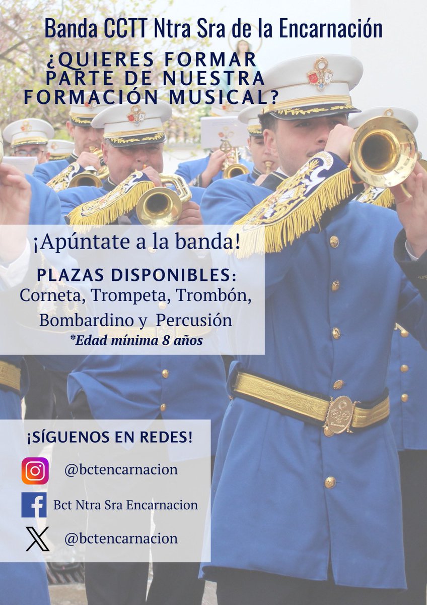 ¡¡ABIERTO EL PLAZO DE INSCRIPCIÓN!!

Si estás interesado en pertenecer a nuestra familia, no lo dudes y únete a nosotros💙

Plazas libres: Corneta, Trompeta, Trombón y Percusión 

*Edad mínima 8 años*

No importa si no sabes tocar, nosotros te enseñamos🎶🥁🎺