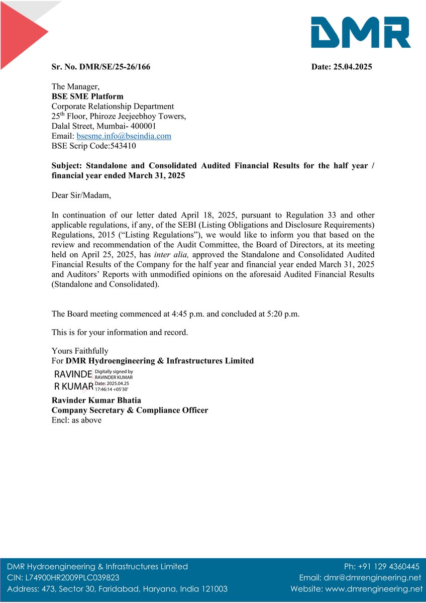 nileshkurhade's tweet image. 📌 DMR Hydroengineering &amp;amp; Infrastructures Ltd informed the exchange about its approval for the financial results for the period ended March 31, 2025. #SME #DMR 📄🧾