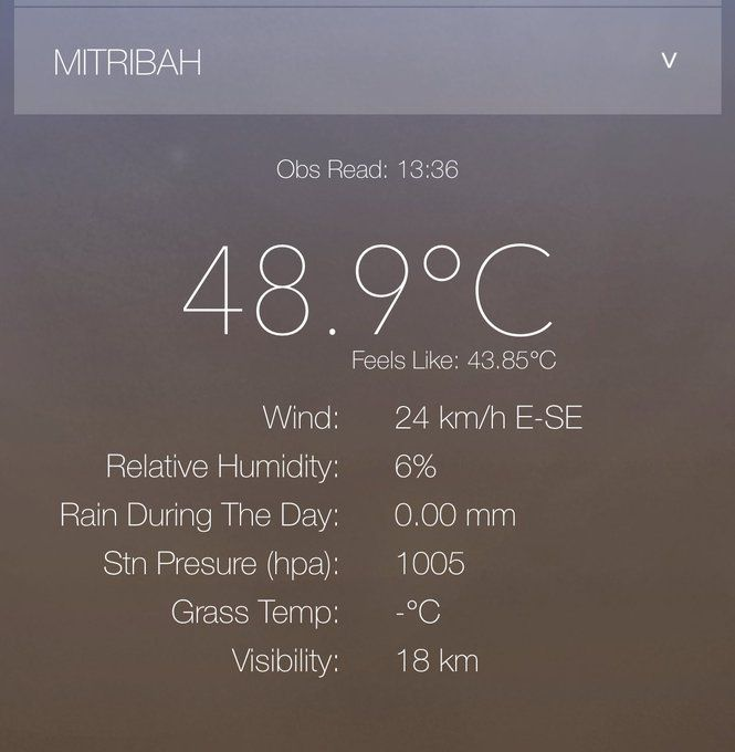 UNREAL BUT REAL ‼️49

For the first time Middle East reaches 46C in April,but also 47C, but also 48C, but ...almost 49C
 
Beyond any imagination
48.9C Mitribah ,KUWAIT today
Also 48.8 Sulaibya,47.9 Jahra etc 

It's hard to imagine this at 30 latitude in April. 
Updates later