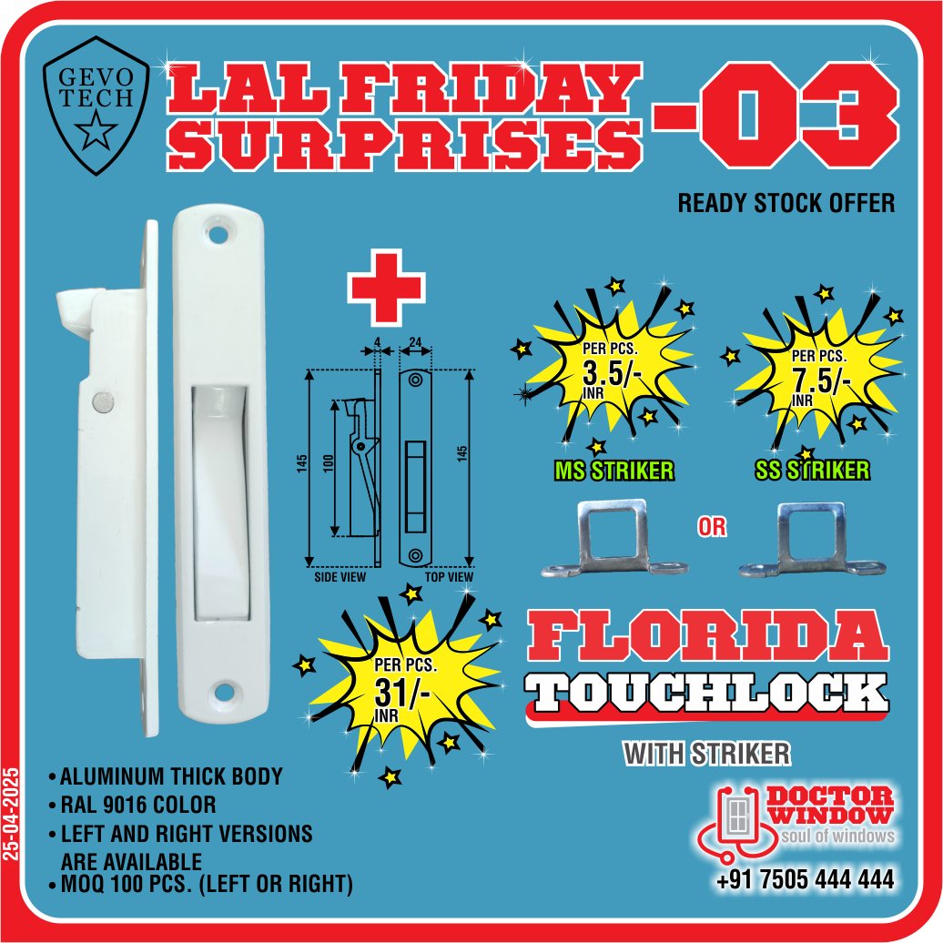 DOCTORWINDOW_IN's tweet image. GEVO TECH FLORIDA TOUCHLOCK WITH STRIKER
GEVO TECH ISTANBUL STANDARD BASE HANDLE
GEVO TECH IZMIR SLIDING WINDOW SET
GEVO TECH STAR DOOR ADJUSTABLE ROLLER

#handle #premiumhandle #touchlock #doorroller #doctorwindow #soulofwindow #fridayoffer #newoffer #door #hardware #window