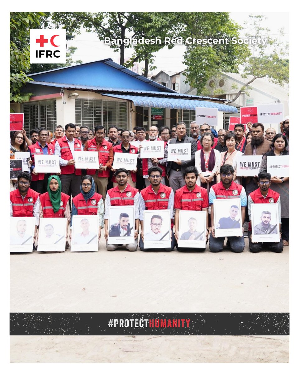 ifrc's tweet photo. In a global moment of solidarity, Red Cross and Red Crescent Societies came together to honour the lives of 10 colleagues from our network who have been killed this year while serving others.

We pay tribute to their lives, their service, and their humanity:

Iman Abbas – Sudanese Red Crescent Society
Fikiri Mwishuko Antoine – Red Cross of the Democratic Republic of the Congo

Eight medics from the Palestine Red Crescent Society:
Mostafa Khufaga
Saleh Muamer
Ezzedine Shaath
Mohammad Bahloul
Mohammed Al-Heila
Ashraf Abu Labda
Raed Al Sharif
Rifatt Radwan

They are not just names. They are our colleagues, our friends, our family. Together, we must #ProtectHumanity.