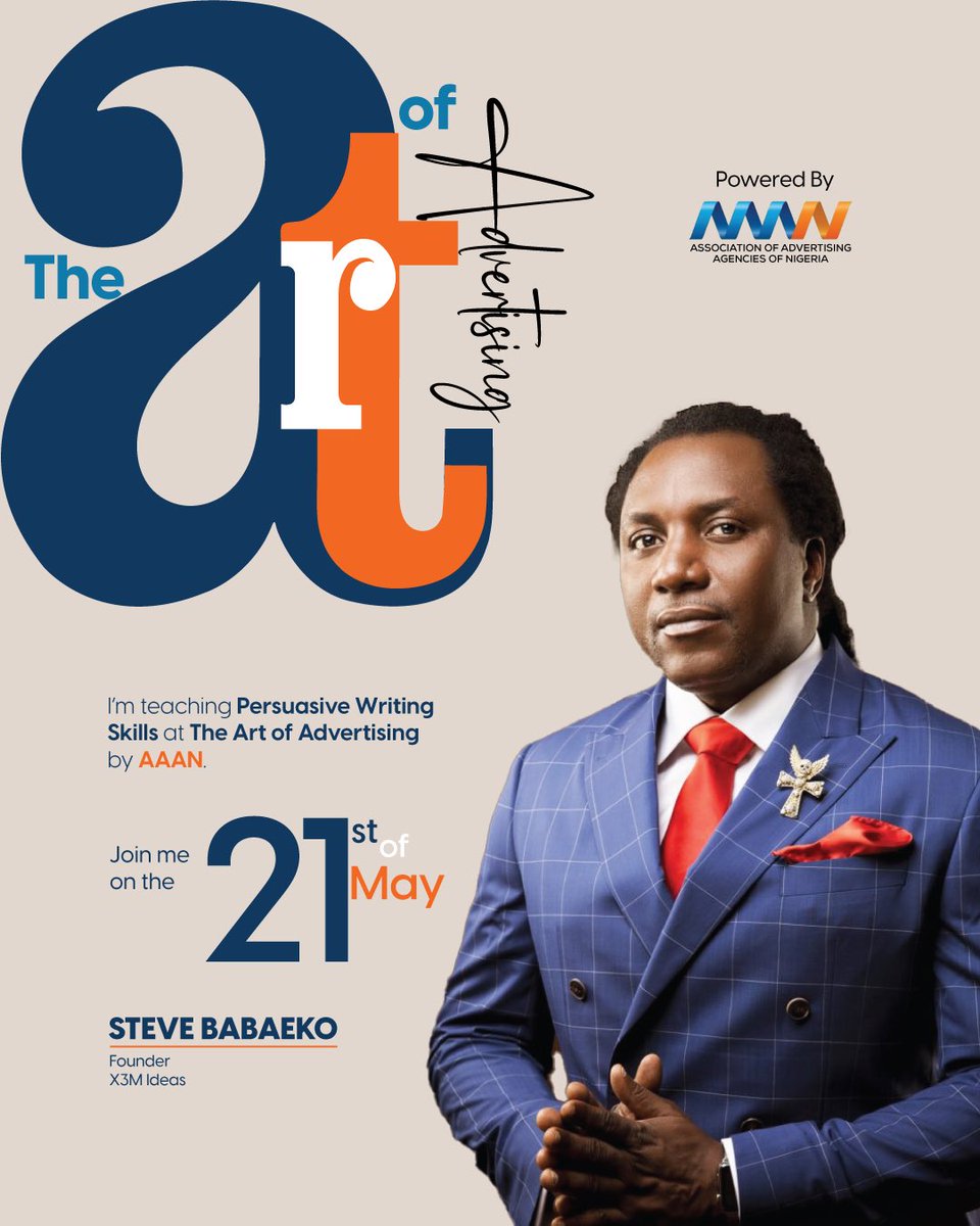Writing that sells. Thinking that sticks.   
I look forward to teaching persuasive writing at THE ART OF ADVERTISING.   
🗓 May 21 Contact Jonathan @ +234 803 569 4814to register.   
#Copywriting #AAAN #TheArtOfAdvertising
<a href="/AAANofficial/">AAAN</a>