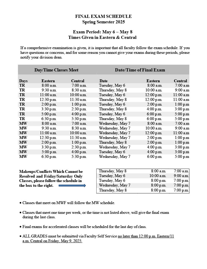 Reminder that if your instructor is using May 6-8 to give a final exam, your class will meet according to the schedule below. You will  NOT be meeting at your normal class day/time on those days.