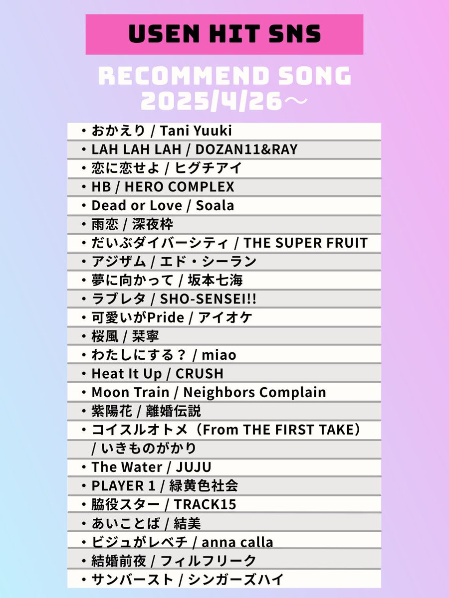 【4/26～のUSEN HIT SNS注目曲】
気になるアーティストがいたらリポスト🥰