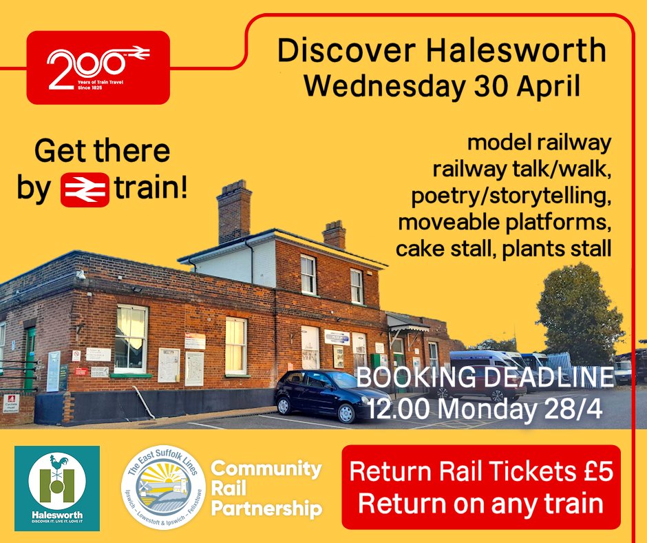 East Suffolk Lines (@eastsuffolkline) on Twitter photo Discover #Halesworth as part #railway200 Wed 30/4. Talk/walk with <a href="/Halesworth2Swd/">Halesworth to Southwold Narrow Gauge Railway</a>. Poetry/history <a href="/HalesworthM/">HalesworthMuseum</a>. Station Adopters will be selling homegrown plants. Refreshments stall. Explore the town. Rail tickets just £5. Return on any train! Book now! railplus.greateranglia.co.uk/community-rail… Discover #Halesworth as part #railway200 Wed 30/4. Talk/walk with <a href="/Halesworth2Swd/">Halesworth to Southwold Narrow Gauge Railway</a>. Poetry/history <a href="/HalesworthM/">HalesworthMuseum</a>. Station Adopters will be selling homegrown plants. Refreshments stall. Explore the town. Rail tickets just £5. Return on any train! Book now! railplus.greateranglia.co.uk/community-rail…
