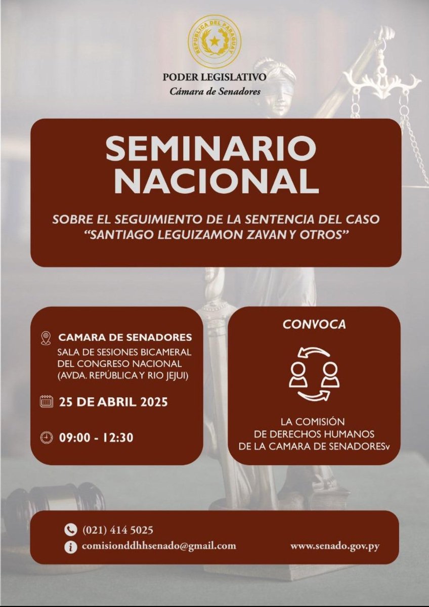 ✅️ #HOY 25/04/25
🇵🇾🗞 En conmemoración del Día del Periodista Paraguayo, la Comisión de #ddhhSenadoPy invita al "Seminario Nacional sobre el Seguimiento de la Sentencia del caso Santiago Leguizamon Zavan y otros" <a href="/SenadoresPy/">SenadoPy</a>