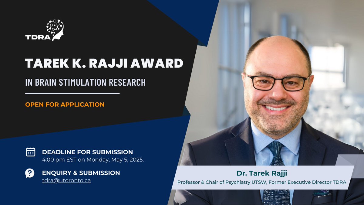 Toronto Dementia Research Alliance (@torontodementia) on Twitter photo 🚨 Reminder for Supervisors: Nominate your <a href="/UofT/">University of Toronto</a>
trainees for the Tarek K. Rajji Award in Brain Stimulation Research by May 5, 2025. This award recognizes exceptional contributions to brain stimulation research related to dementia or cognitive disorders. tdra.utoronto.ca/tarek-k-rajji-… 🚨 Reminder for Supervisors: Nominate your <a href="/UofT/">University of Toronto</a>
trainees for the Tarek K. Rajji Award in Brain Stimulation Research by May 5, 2025. This award recognizes exceptional contributions to brain stimulation research related to dementia or cognitive disorders. tdra.utoronto.ca/tarek-k-rajji-…