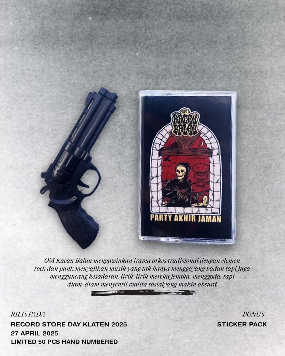 KOLONI GIGS (@kolonigigs_) on Twitter photo Koloni Rekords turut serta dalam perayaan #recordstoreday 2025 dengan merilis kaset pita debut album dari <a href="/omkacaubalau/">omkacaubalau</a> “Party Akhir Jaman” yang dirilis pada 17 April 2025 lalu.
Kaset <a href="/omkacaubalau/">omkacaubalau</a> album “Party akhir Jaman” edisi #recordstoreday 2025 dirilis hanya 50 pcs dengan Koloni Rekords turut serta dalam perayaan #recordstoreday 2025 dengan merilis kaset pita debut album dari <a href="/omkacaubalau/">omkacaubalau</a> “Party Akhir Jaman” yang dirilis pada 17 April 2025 lalu.
Kaset <a href="/omkacaubalau/">omkacaubalau</a> album “Party akhir Jaman” edisi #recordstoreday 2025 dirilis hanya 50 pcs dengan