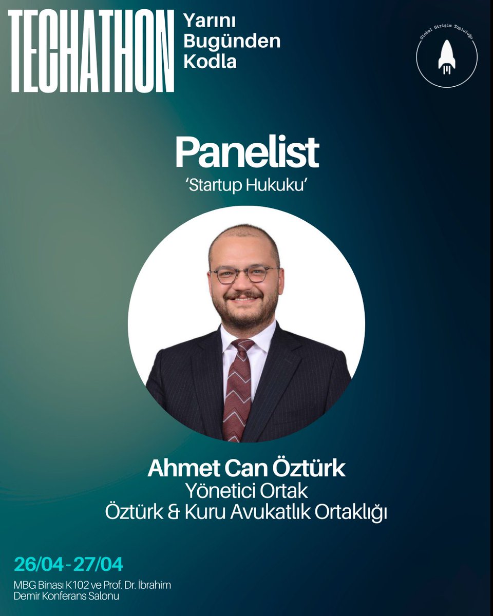 iztechgec's tweet photo. TECHATHON’da girişimcilik dünyasının hukuki boyutunu mercek altına alıyoruz! 🚀

‘Startup Hukuku’ panelimizin değerli konuşmacısı, Av. Ahmet Can Öztürk bizlerle olucak. https://t.co/hsPjOw7KSe