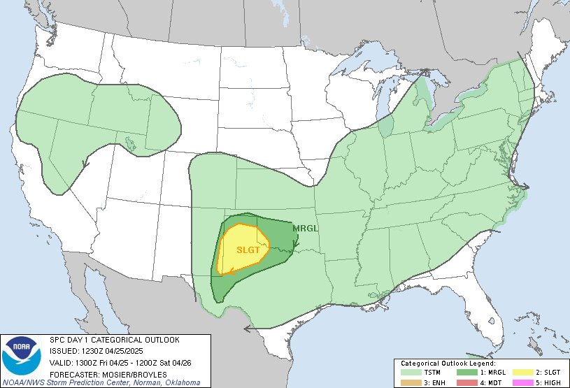 7:32am CDT #SPC Day1 Outlook Slight Risk: across portions of far eastern NM, the TX Panhandle, west Texas and southwest OK spc.noaa.gov/products/outlo…