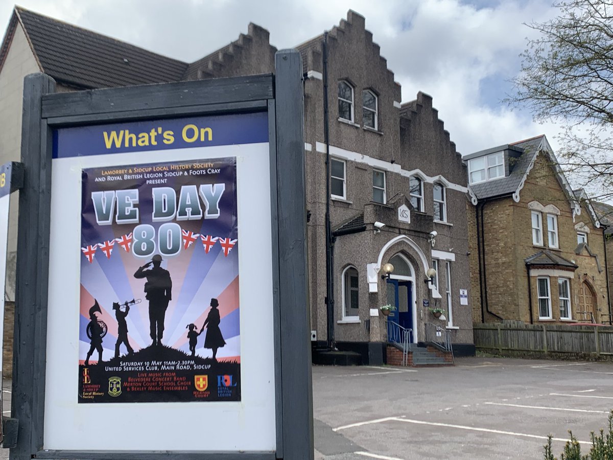 A big thank you to the lovely businesses who have put posters in their windows. We want everyone to know about VEDay80 on Saturday 10 May! 

Music from Belvedere Concert Band, Merton Court School Choir and Bexley Music Ensembles at United Services Club #Sidcup 11am-2.30pm