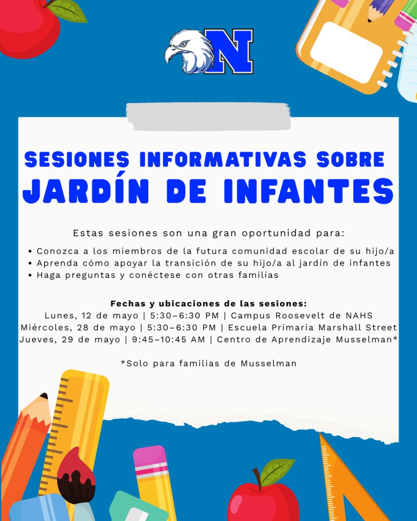 ¡Llamamos a todas las familias que ingresan al Jardín de Infantes!🍎✏️🩵 Acompáñenos a una Sesión Informativa. Si aún no se ha inscrito, ¡comience hoy mismo! nasd.k12.pa.us/page/student-r… ¿Ya se inscribió? Revise su correo electrónico para obtener más información.