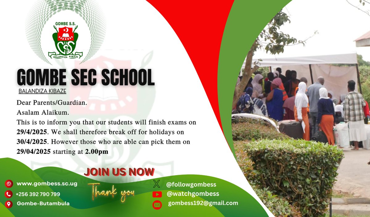 followgombess's tweet image. 📢 Dear Parents/Guardians,
Asalamu Alaikum.
Our students will complete exams on 29/04/2025 and break off for holidays on 30/04/2025.
You may pick your child on 29th from 2:00 PM if convenient.
Thank you for your continued support.  #SchoolUpdate #TermBreak #Trump #buyingcontent