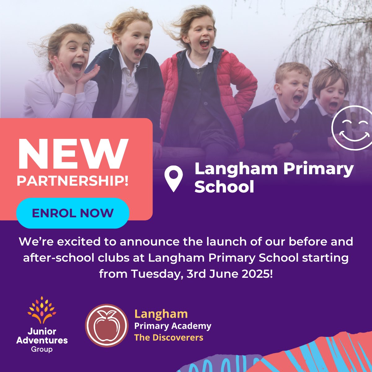 We're excited to be delivering our Rise then Shine &amp; Stay and Play clubs at <a href="/SchoolLangham/">Langham Primary School</a> every day throughout the academic year starting from Tuesday, 3rd June!

Find out more and enrol today at junioradventuresgroup.co.uk/find-us/langha……

Claim a free session using code TRYLANGHAM