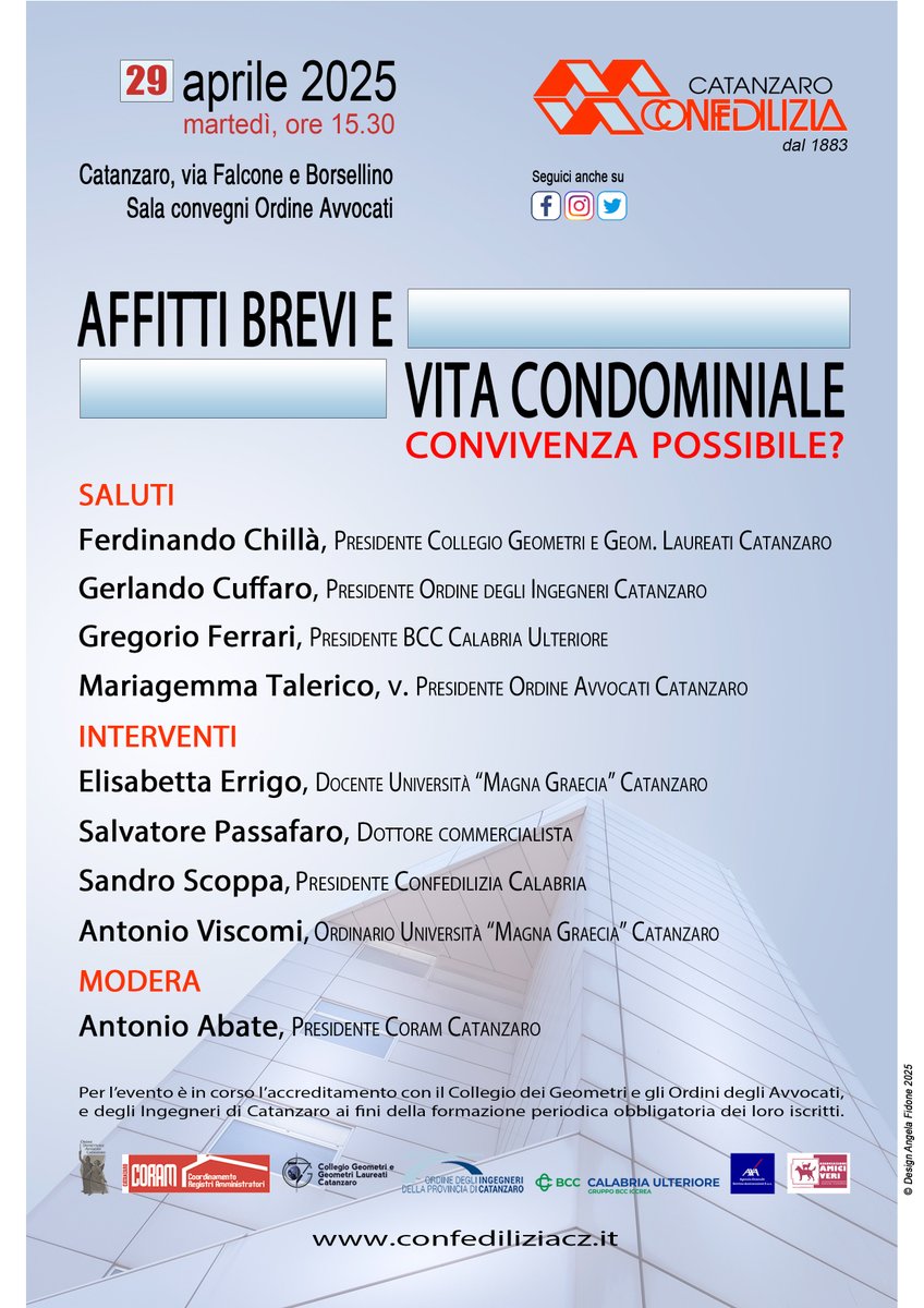 ⏱️SAVE THE DATE – 29 APRILE 2025, ore 15.30 – Sala Convegni Ordine degli Avvocati di Catanzaro, via Falcone e Borsellino - Palazzo di Giustizia
Importante incontro dedicato alla proprietà immobiliare.
#Confedilizia #FormazioneProfessionale #Proprietà #Immobili #Catanzaro