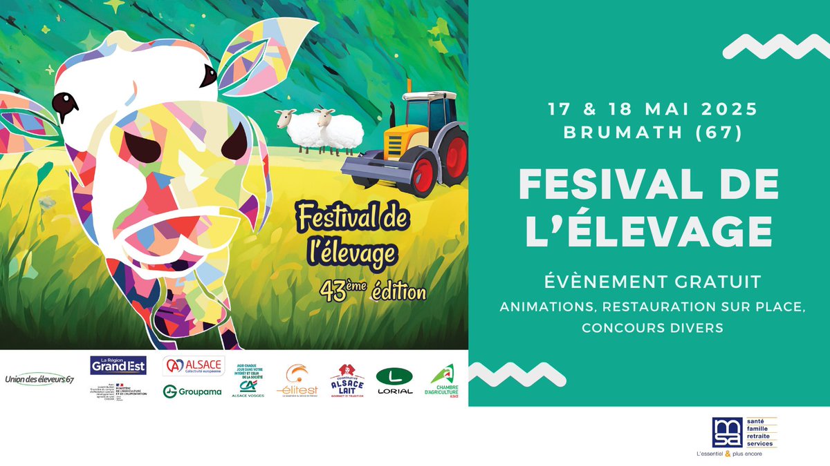Le FESTIVAL DE L’ÉLEVAGE, c'est cette semaine !

📅 17 &amp; 18 mai 2025
📍 Plan d’eau, Brumath

La MSA d'Alsace sera présente à cet événement ! Concours, animations, restauration, soirée festive et plein d'autres animations ! 🐄

👉 Un week-end à ne pas manquer ! #MSAAlsace #Elevage