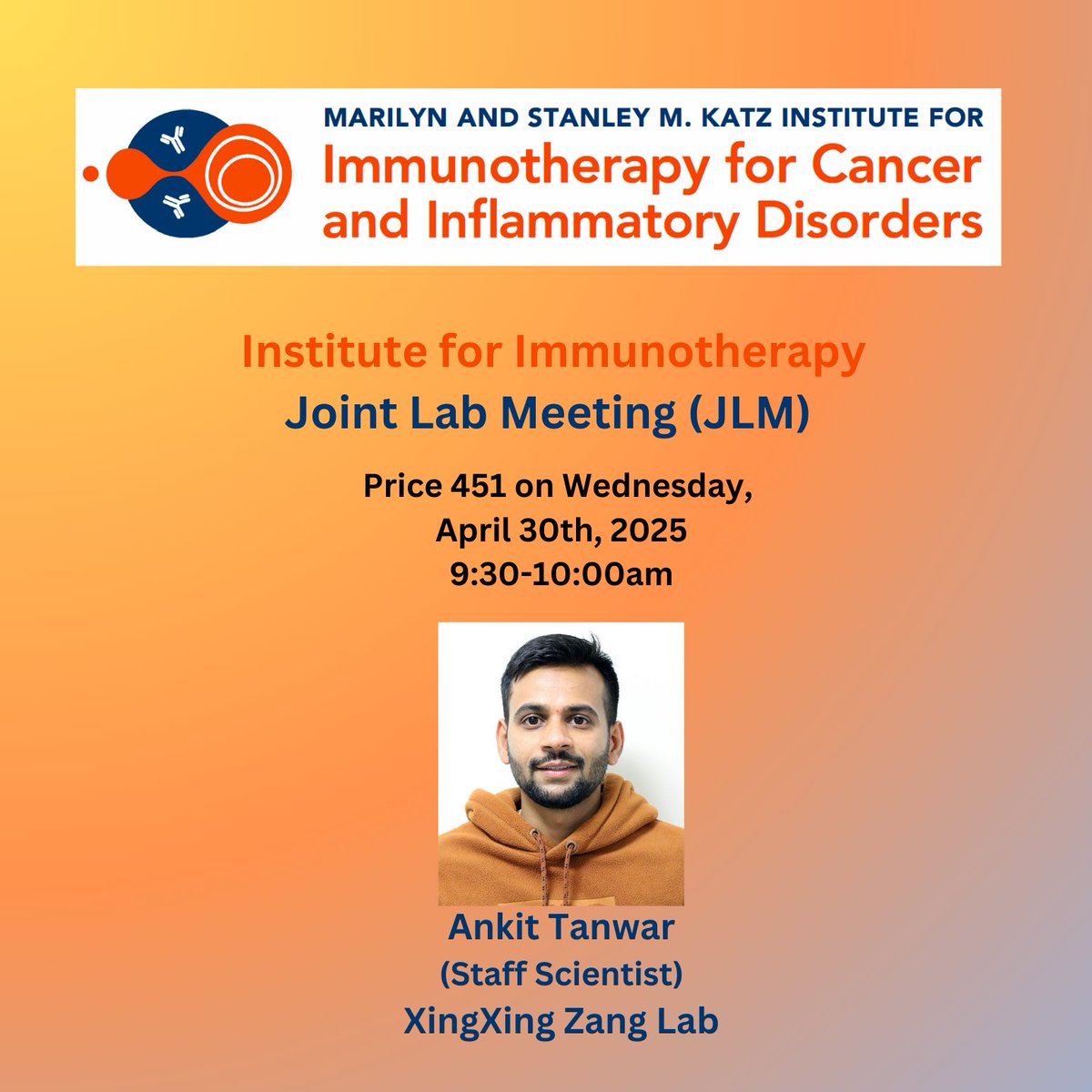 Katz Institute for Immunotherapy (@ifi_einstein) on Twitter photo 🚨Don’t miss the JLM session on #Glycoimmunology🚨
Join us on April 30th for innovative research on #NewImmuneCheckpoints #Glycobiology!!
Speaker🎤: <a href="/DrAnkitTanwar1/">Dr. Ankit Tanwar</a> from <a href="/xingxing_zang/">XingXing Zang</a> Lab
<a href="/EinsteinPhD/">EinsteinPhD</a>
<a href="/ae_cancercenter/">ME Cancer Center</a>
<a href="/EinsteinMSTP/">EinsteinMSTP</a>
<a href="/EinsteinMed/">Albert Einstein College of Medicine - Official</a>
<a href="/MontefioreNYC/">Montefiore Health System</a>
<a href="/EinsteinCellBio/">EinsteinCellBio</a> 🚨Don’t miss the JLM session on #Glycoimmunology🚨
Join us on April 30th for innovative research on #NewImmuneCheckpoints #Glycobiology!!
Speaker🎤: <a href="/DrAnkitTanwar1/">Dr. Ankit Tanwar</a> from <a href="/xingxing_zang/">XingXing Zang</a> Lab
<a href="/EinsteinPhD/">EinsteinPhD</a>
<a href="/ae_cancercenter/">ME Cancer Center</a>
<a href="/EinsteinMSTP/">EinsteinMSTP</a>
<a href="/EinsteinMed/">Albert Einstein College of Medicine - Official</a>
<a href="/MontefioreNYC/">Montefiore Health System</a>
<a href="/EinsteinCellBio/">EinsteinCellBio</a>