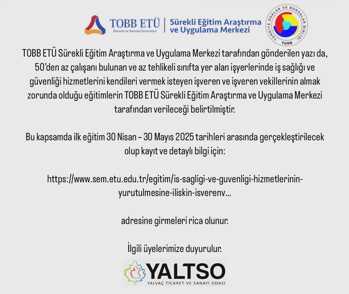 Yaltso's tweet photo. TOBB ETÜ SÜREKLİ EĞİTİM MERKEZİ 

Detaylı bilgi ve iletişim için:
https://t.co/H6QMeCu3MZ https://t.co/KJgLr4ALgu