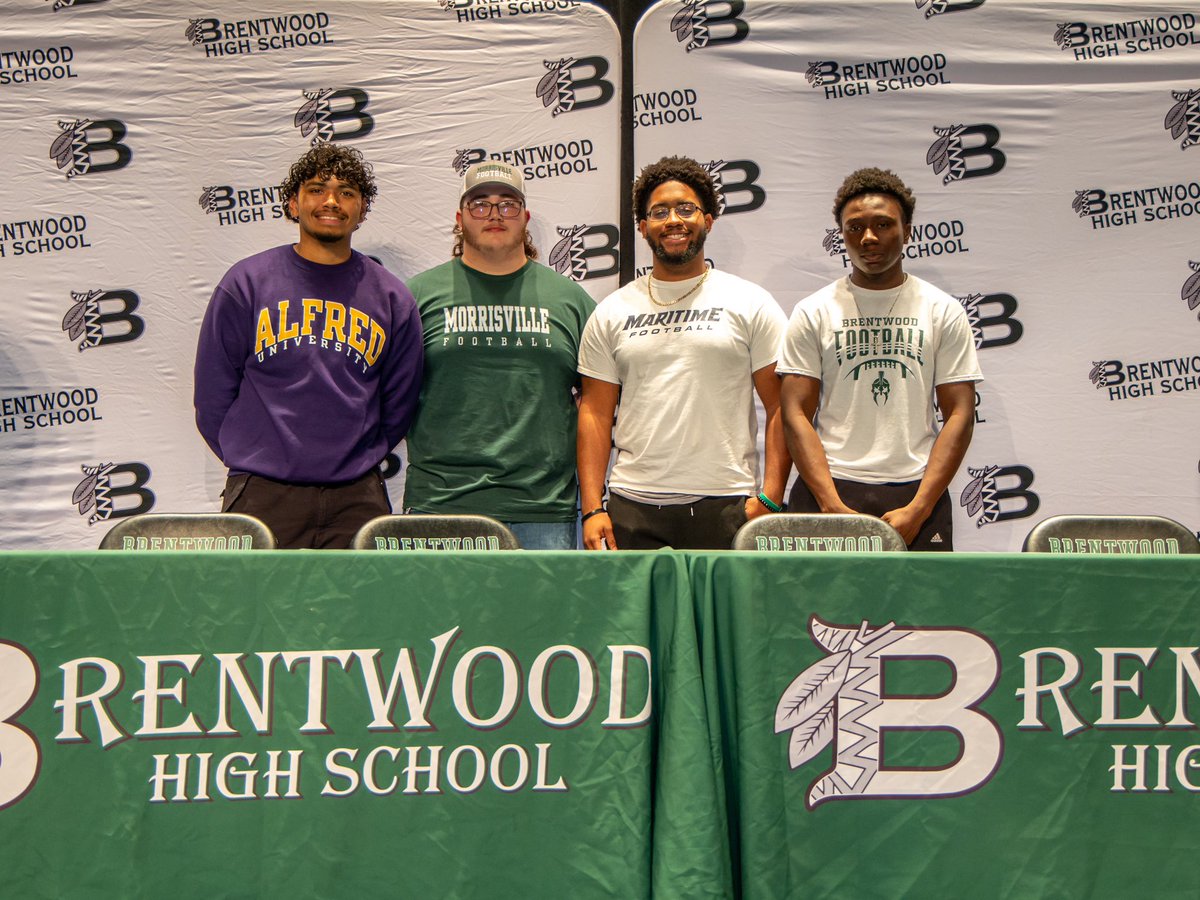 Brentwood Football (@bwoodfb) on Twitter photo Last night Brentwood high school held our annual college signing night. Congrats to our guys who have committed. We are beyond proud. H.E.A.R.T.
Josh Almendarez <a href="/AUSaxonFootball/">Alfred U Football</a>
Jameson Wargo <a href="/MvilleMustangFB/">SUNY Morrisville Football</a>
Erick Council <a href="/MaritimeFB/">Maritime Football</a>
Adonis Singletary <a href="/Utica_Football/">Utica Football</a> Last night Brentwood high school held our annual college signing night. Congrats to our guys who have committed. We are beyond proud. H.E.A.R.T.
Josh Almendarez <a href="/AUSaxonFootball/">Alfred U Football</a>
Jameson Wargo <a href="/MvilleMustangFB/">SUNY Morrisville Football</a>
Erick Council <a href="/MaritimeFB/">Maritime Football</a>
Adonis Singletary <a href="/Utica_Football/">Utica Football</a>