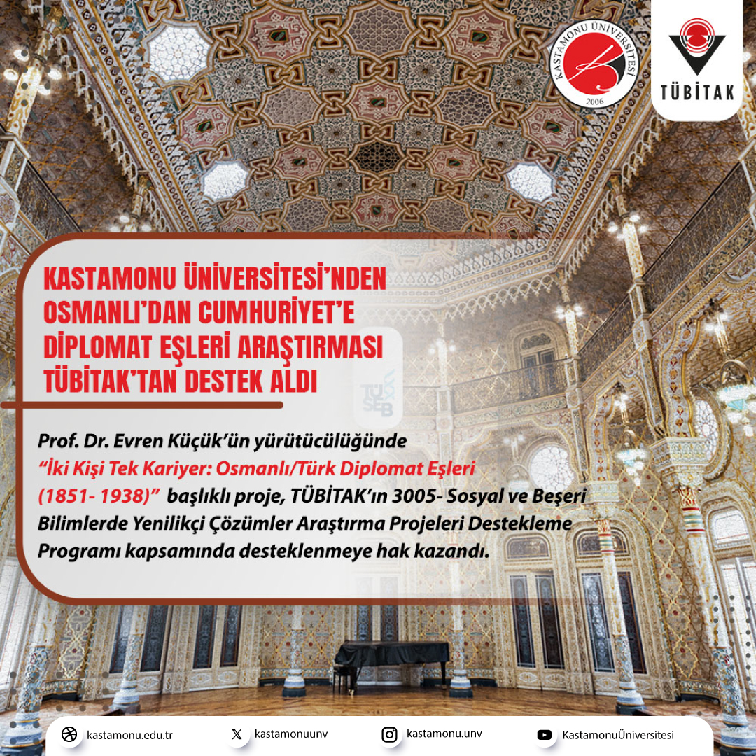 Üniversitemizin Osmanlı'dan Cumhuriyet'e Diplomat Eşleri Araştırması projesi, TÜBİTAK 3005 Programı kapsamında destek almaya hak kazandı. 👏

Ayrıntılar ➡️ kastamonu.edu.tr/index.php/tr/b…

<a href="/Tubitak/">TÜBİTAK</a>
#KastamonuÜniversitesi #TÜBİTAK