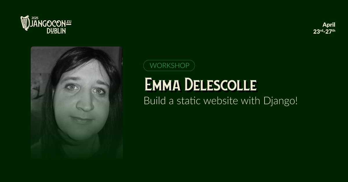 DjangoConEurope's tweet image. DjangoCon Europe 2025 🇮🇪

Joins us at 2:00PM for the workshop &quot;Build a static website with Django!&quot; by Emma Delescolle

#djangoconeu25 #workshop #django #dublin