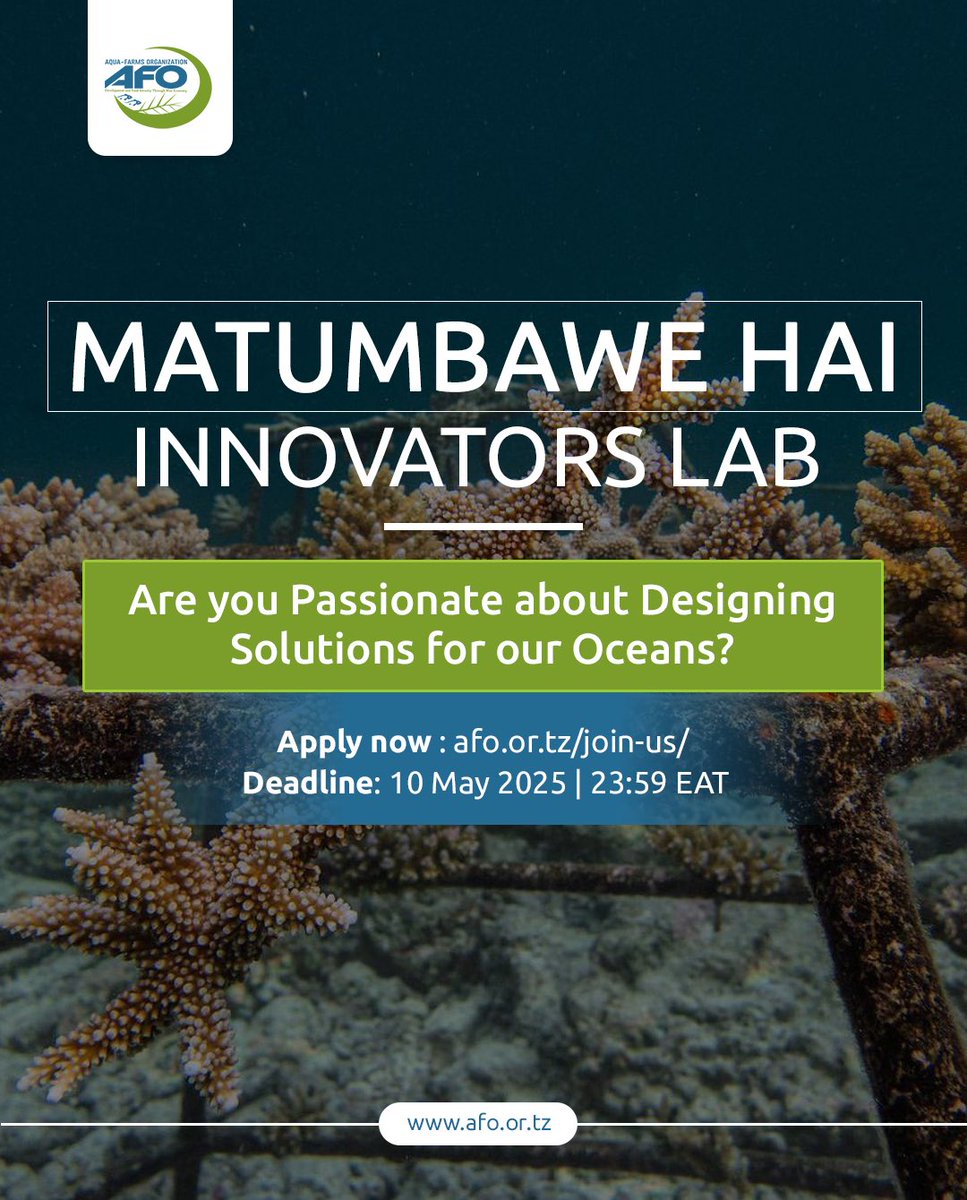 Join the 𝐌𝐚𝐭𝐮𝐦𝐛𝐚𝐰𝐞 𝐇𝐚𝐢 𝐈𝐧𝐧𝐨𝐯𝐚𝐭𝐨𝐫𝐬 𝐋𝐚𝐛 𝟐𝟎𝟐𝟓

Innovate coral reef solutions in 🇹🇿.
✅ Training + fieldwork
⏳ June–Nov 2025
🗓️ Apply by 10 May: afo.or.tz/join-us/

#ReefRestoration #Innovation