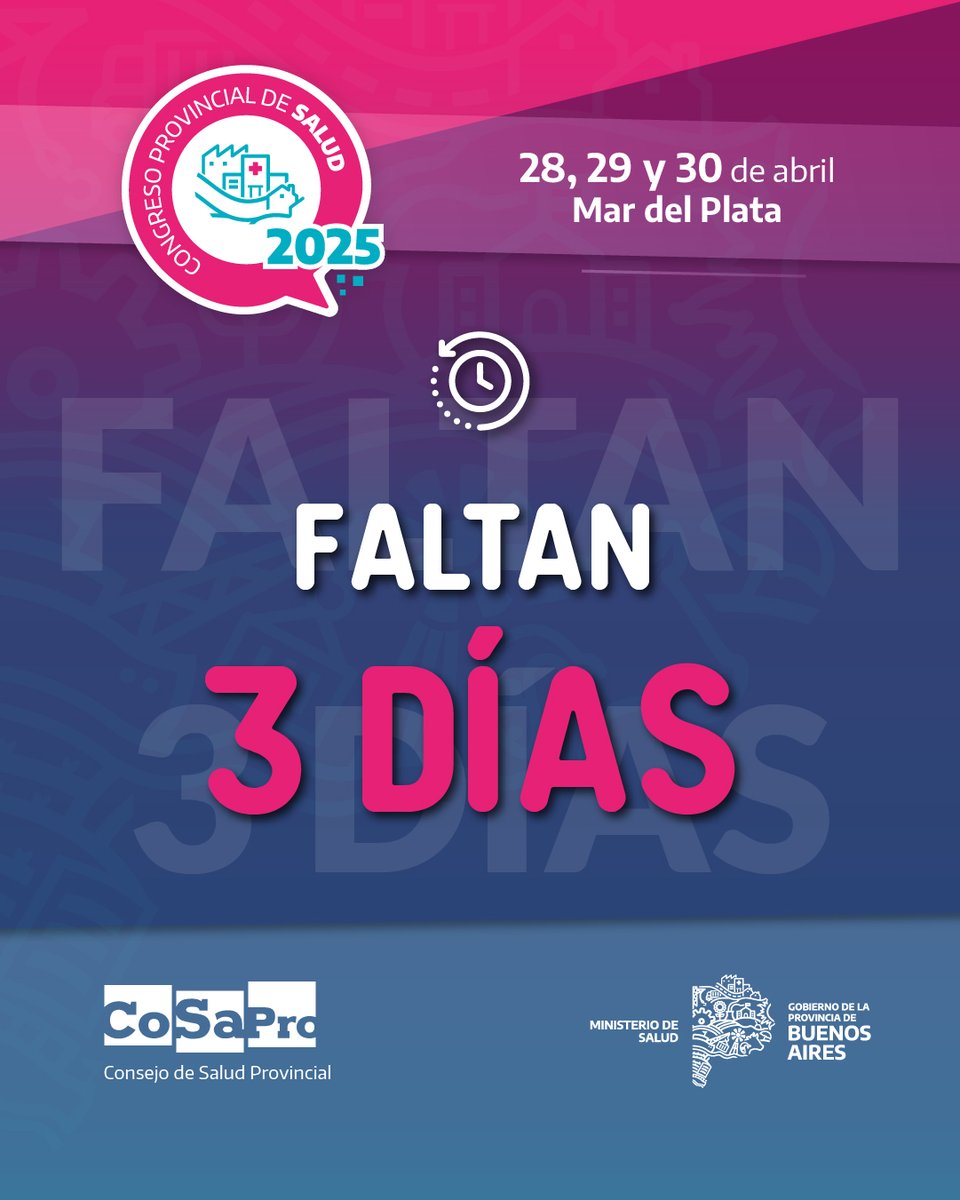 _COSAPRO's tweet photo. Solo 3⃣ días para que las y los trabajadores de salud de toda la Provincia de Buenos Aires nos volvamos a encontrar en Mar del Plata para discutir sobre el sistema sanitario que tenemos y el que queremos construir. 

¡Nos vemos muuuuy pronto! 🥳 https://t.co/b9yTJgUzdN