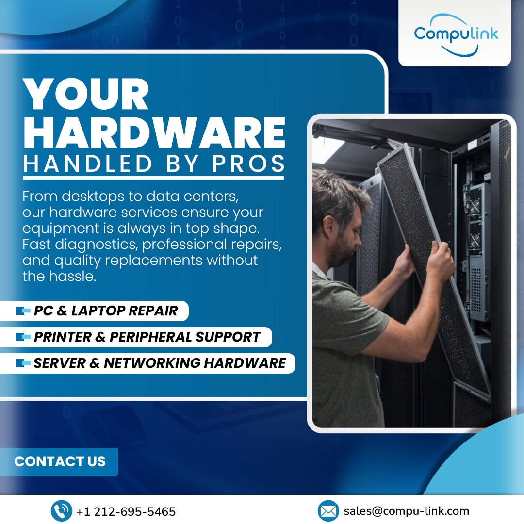 CompulinkTech's tweet image. For Simple laptop repair or full-scale data center maintenance,our certified professionals deliver prompt and precise solutions. Let us keep your tech running so you can focus on what matters.
 Call: +1 212-695-5465
 Email: sales@compu-link.com
#ITSupport #BusinessIT #Compulink