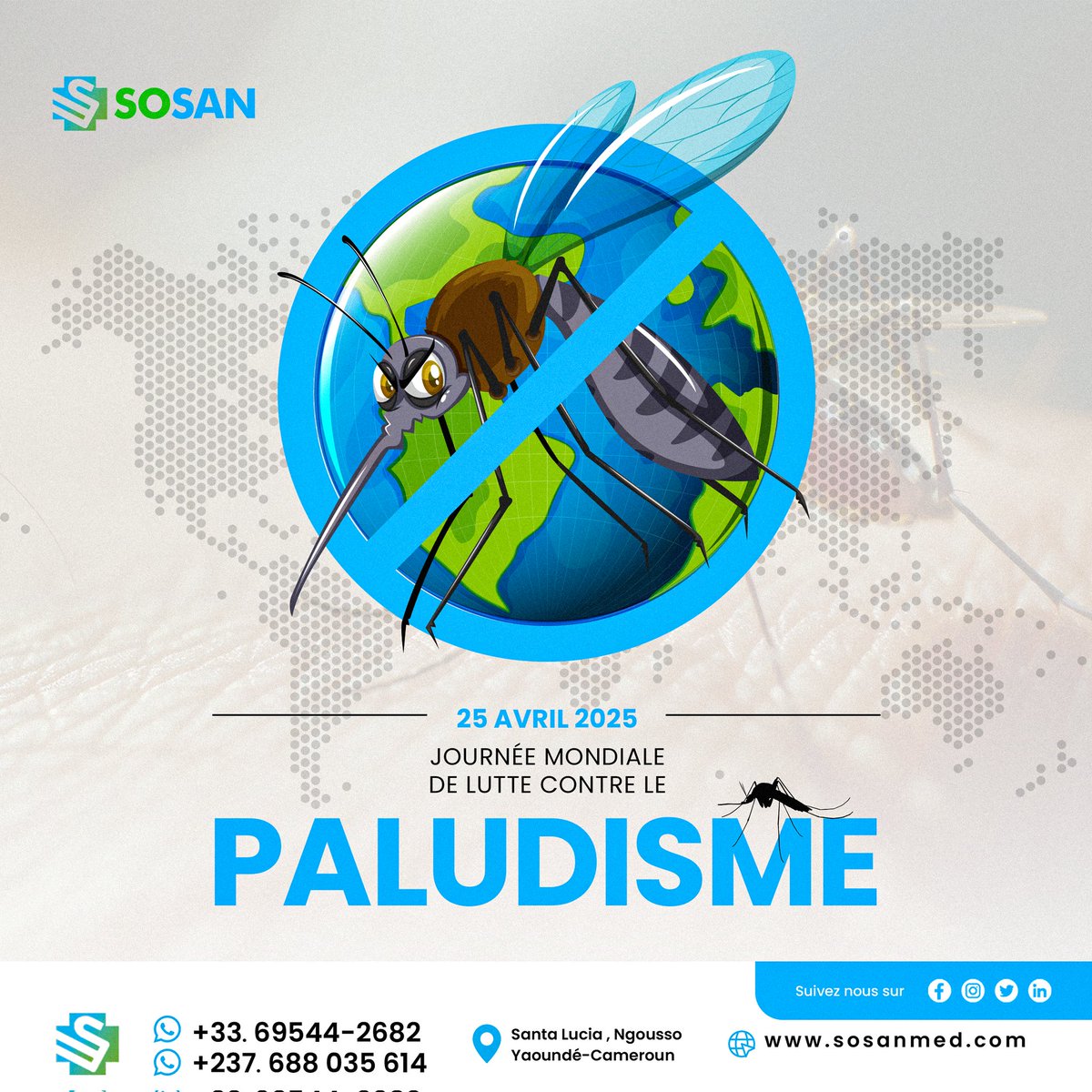 SosanOfficiel's tweet photo. 🦟  Journée mondiale de lutte contre le paludisme
Un moustique peut gâcher une vie… Mais on peut l’arrêter.
Le paludisme tue encore trop, surtout en Afrique. Pourtant, on peut l’éviter :
Dors sous moustiquaire
 Vide les eaux stagnantes
 Consulte dès les premiers symptômes https://t.co/mlXgh7NGee