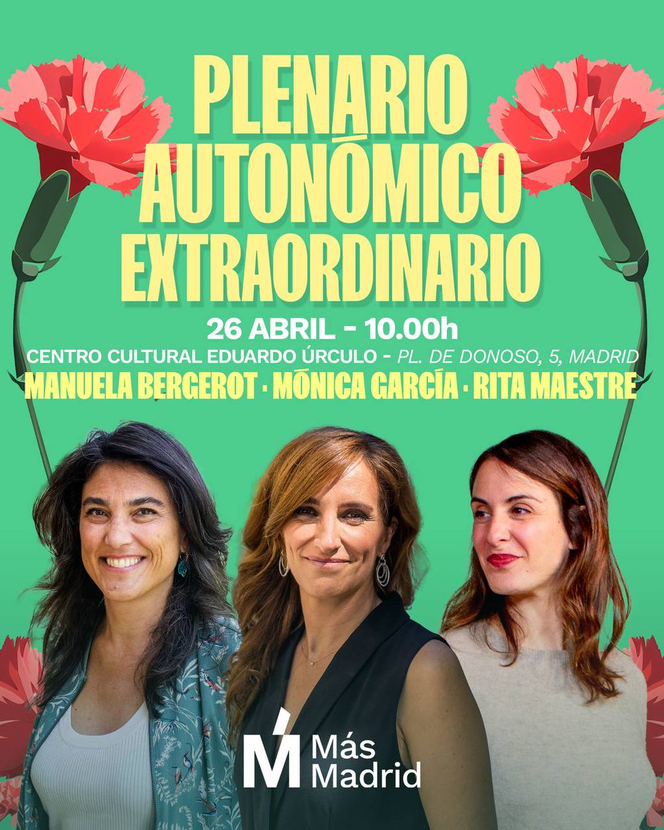 💚 Mañana, en el Plenario Autonómico extraordinario, contaremos con las intervenciones de Mónica García, Manuela Bergerot y Rita Maestre.

📍 Centro Cultural Eduardo Úrculo (Plaza de Donoso, 5. Distrito de Tetuán - Madrid)