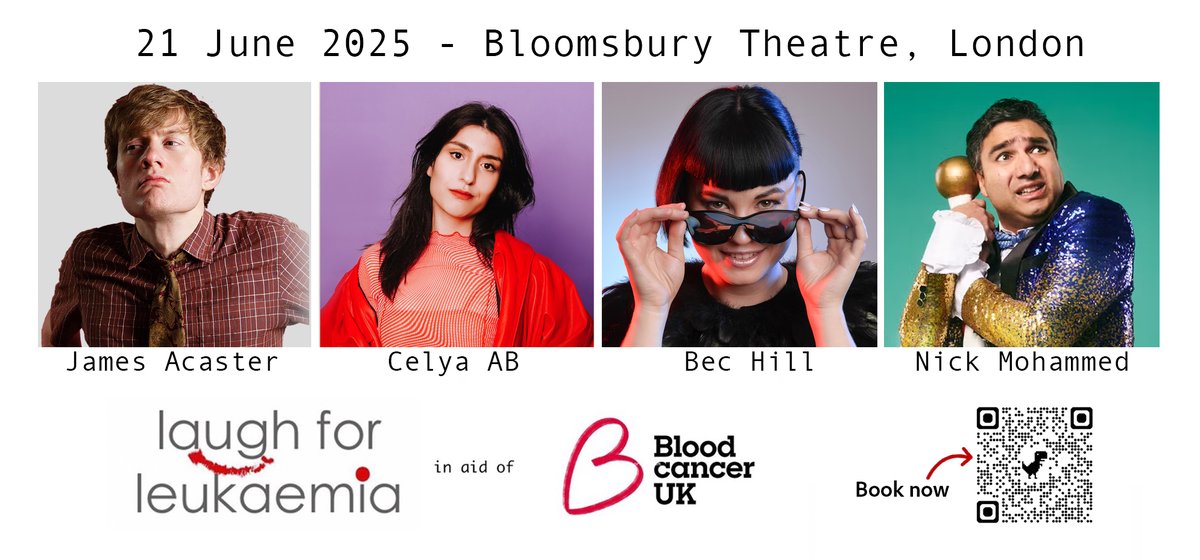 Proud to announce that Laugh for Leukaemia is BACK on Sat 21st June, 7.30pm <a href="/bloomstheatre/">Bloomsbury Theatre</a> in aid of
<a href="/bloodcancer_uk/">Blood Cancer UK</a>
Get your tickets for a top night of comedy from James Acaster, Bec Hill, Celya AB, Mr. Swallow aka
<a href="/nickmohammed/">Nick Mohammed</a> and more TBA soon! ucl.ac.uk/bloomsbury-the…
