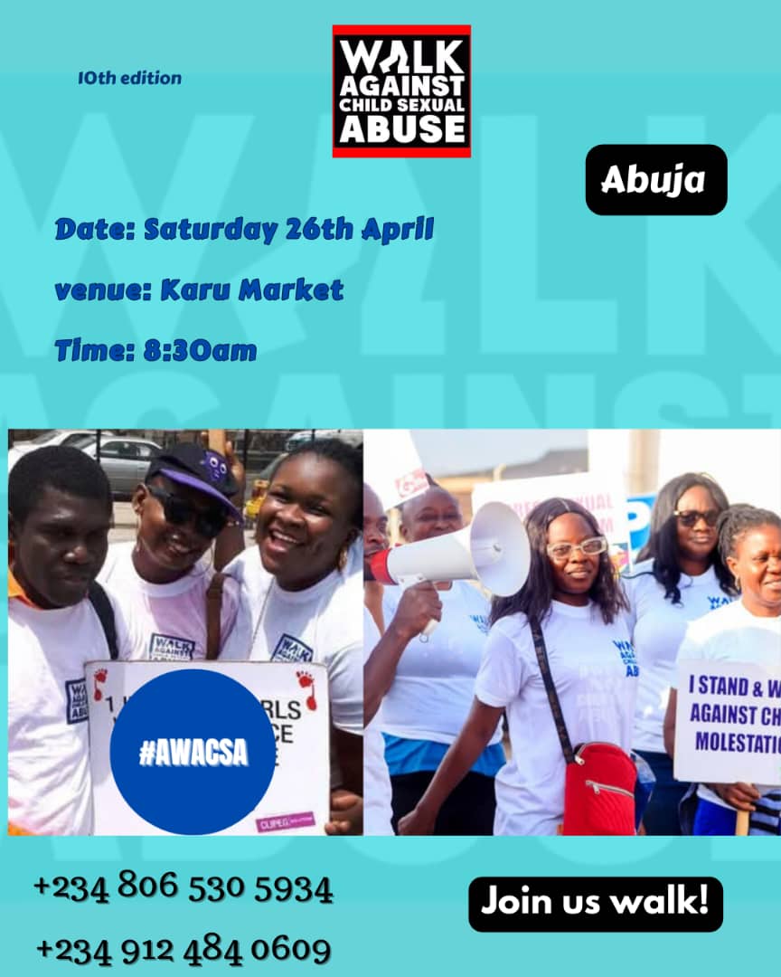 YemiDabiri's tweet photo. Happening live tomorrow in Abuja, Ile-Ife, and Basorun, Ibadan: Sensitization Walk Against Child Molestation.

We say NO to child sexual abuse.

Join us!

#awacsa2025 #childprotection #everychildmatters #empowertoprevent https://t.co/KrkPWc04yC