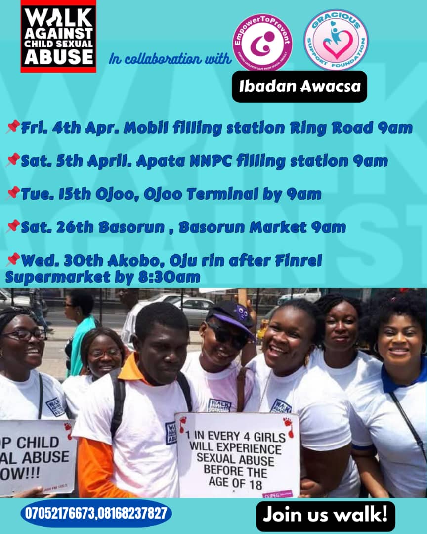 YemiDabiri's tweet photo. Happening live tomorrow in Abuja, Ile-Ife, and Basorun, Ibadan: Sensitization Walk Against Child Molestation.

We say NO to child sexual abuse.

Join us!

#awacsa2025 #childprotection #everychildmatters #empowertoprevent https://t.co/KrkPWc04yC