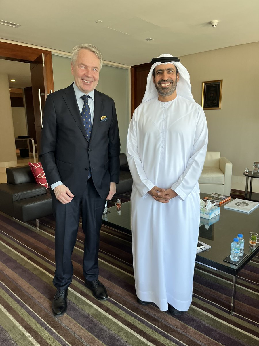Visit to 🇦🇪 by H.E. Pekka Haavisto, Member of Parliament &amp; former Foreign Minister of 🇫🇮 Excellent discussions on regional issues with H.H. Sheikh Abdullah bin Zayed, H.E. Dr. Anwar Gargash, H.E. Sheikh Shakhbout and H.E. Sultan Al Shamsi