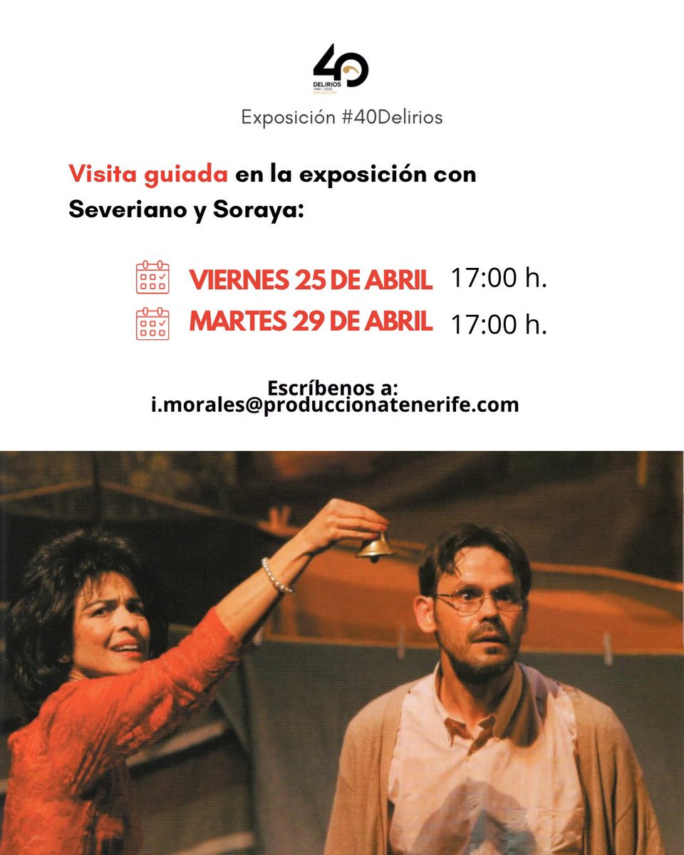 📣Última semana de la EXPOSICIÓN #40Delirios 

Hoy, viernes 25, y el próximo martes 29, estaremos haciendo una visita guiada en la expo, contando entresijos, anécdotas y todo lo que surja👉🏻 A las 17:00 h

¡Escríbenos a: i.morales@produccionatenerife.com y reserva tu plaza!