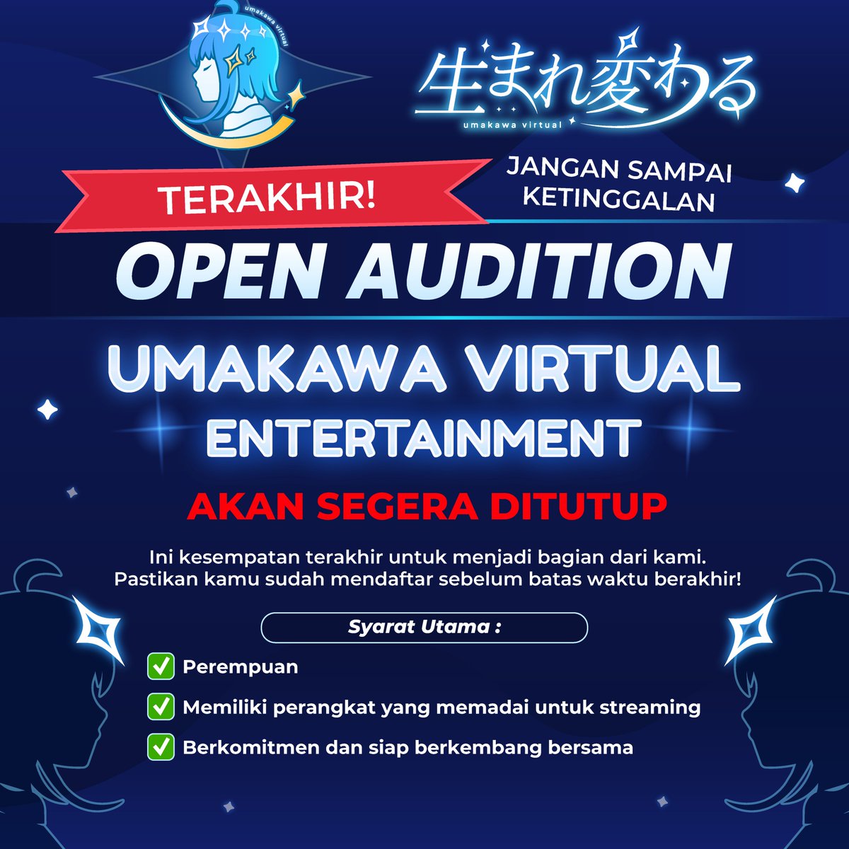 Audisi akan segera ditutup
Ini kesempatan terakhir untuk jadi bagian dari awal perjalanan Umakawa

🔗 bit.ly/AudisiUmakawa
🗓️ Deadline: 3 Mei 2025 

#Vtubers #VtuberID #VTuberUprising