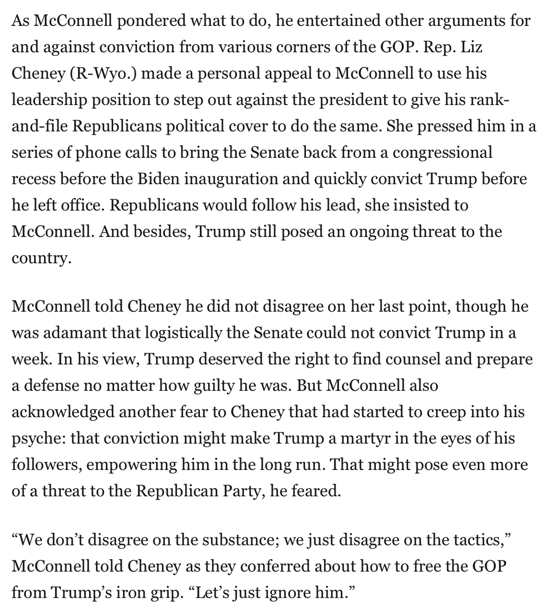 RichardHanania's tweet photo. Mitch McConnell on deciding not to vote to convict Trump after the second impeachment, which could have barred him from running again:  "Let's just ignore him."

I often think back to that moment. Republican cowardice is why we're here. https://t.co/DGyH6imGDh