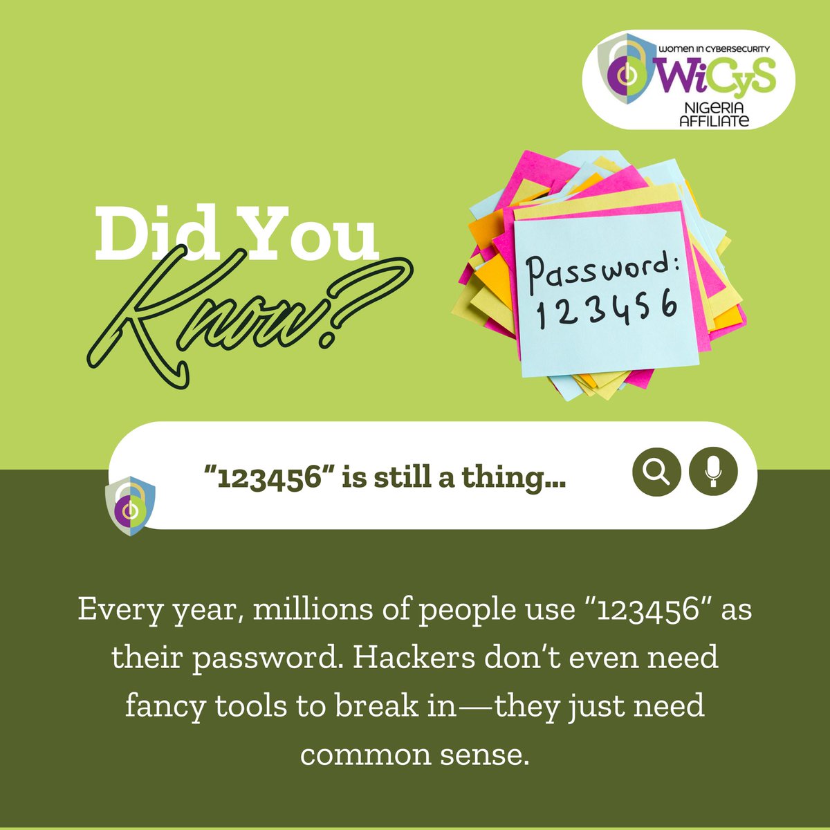 WicysNigeria's tweet image. Still using “123456”? So are millions—making it a hacker’s dream! Swap weak passwords for strong passphrases and lock down your digital life.

#CyberSecurity #WiCyS #PasswordTips #CyberHygiene