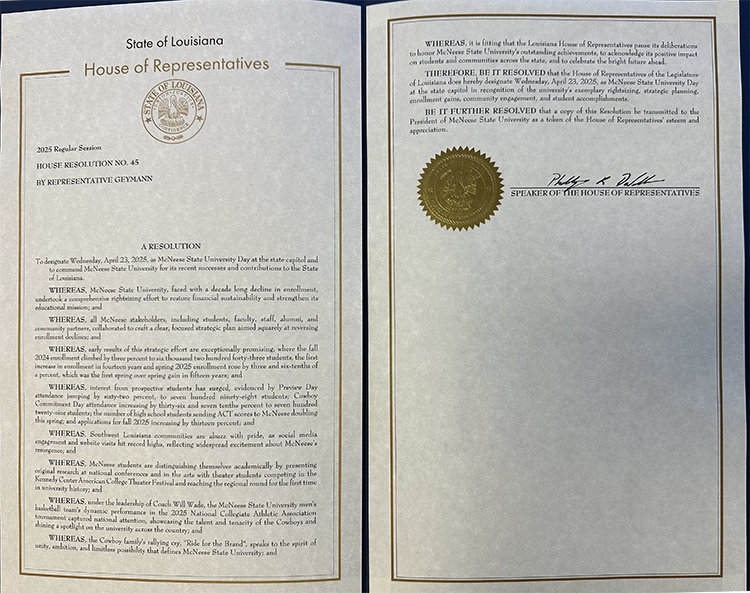 McNeesePrez's tweet photo. A year ago today, a #BrandNewDay dawned at McNeese. We celebrated a year’s worth of successes this week with the House and Senate Resolutions designating April 23, 2025 as McNeese Day at the Capitol. We were also blessed to be hosted at the mansion by the Governor and First Lady. https://t.co/NHluVxr5jK