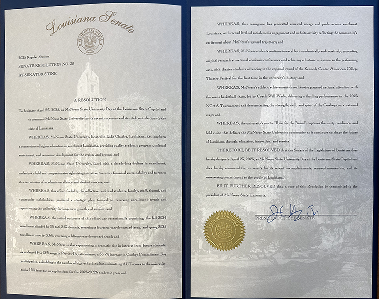 McNeesePrez's tweet photo. A year ago today, a #BrandNewDay dawned at McNeese. We celebrated a year’s worth of successes this week with the House and Senate Resolutions designating April 23, 2025 as McNeese Day at the Capitol. We were also blessed to be hosted at the mansion by the Governor and First Lady. https://t.co/NHluVxr5jK