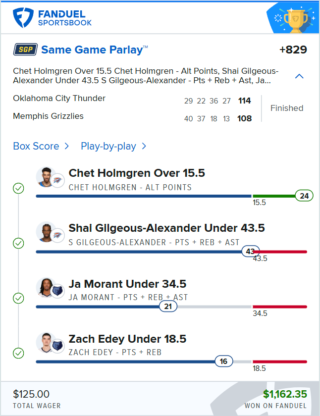 Strategic_Plays's tweet photo. 🚨 NBA Thunder x Grizzlies Parlay Win!!

💰 $1,000

✅ Chet Holmgren: Over 15.5 Points
✅ Shai Gilgeous-Alexander: Under 43.5 PRA
✅ Ja Morant: Under 34.5 PRA
✅ Zach Edey: Under 18.5 PR

🔔 For more plays daily join VIP here -> https://t.co/Ri2ZFuacle

Follow @Strategic_Plays

Let’s cash in together! 🙏💸

@NBA @FDSportsbook @okcthunder @memgrizz  
#NBA #FanDuel #Fanduelparlay #NBAPlayoffs2025