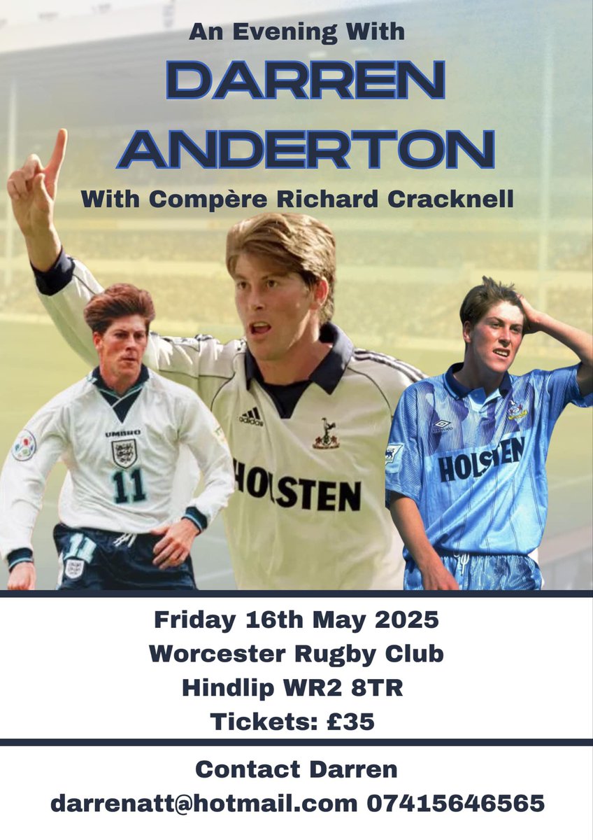 3 weeks tonight 
<a href="/DarrenAnderton/">Darren Anderton</a> 
Coming to #Worcestershire 
An Evening with 
Former #TottenhamHotspur
#Spurs #Wolves #BirminghamCity #AfcBournemouth #Portsmouth 
Legend compère <a href="/MrCracknell/">Richard Cracknell</a> 🎤 
Contact for tickets 🎫 
#thfc #COYS