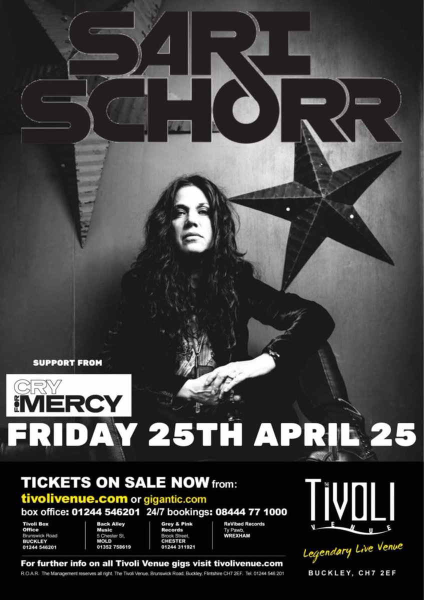 *** SHOW TIMES ***

📌 The Tivoli (Buckley) 🏴󠁧󠁢󠁷󠁬󠁳󠁿
🗓 Friday 25th April 
🚪 7pm
🕢 <a href="/CryForMercy3/">Cry For Mercy</a>   7:30pm - 8pm
🕣 <a href="/SariSchorr/">Sari Schorr</a>   8:30pm 
🕚 Curfew - 11pm

Times subject to change, tixs will be available on door
gigantic.com/sari-schorr-ti…