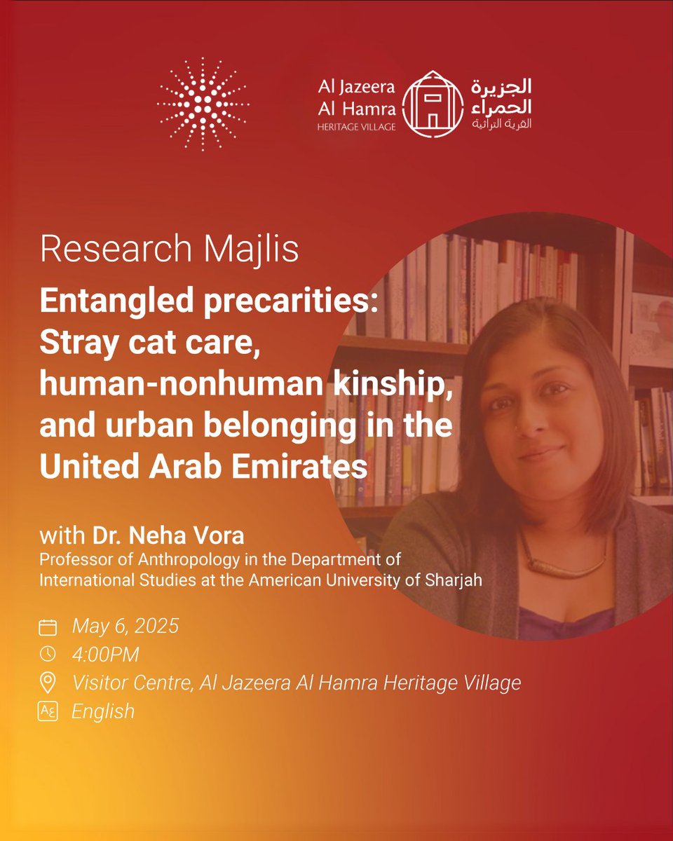 AlQasimiFound's tweet image. Are you a cat lover? Join us for a unique session with Dr. Neha Vora, Professor of Anthropology at the American University of Sharjah, as she explores how stray cat care in UAE cities opens up new ways of thinking about kinship, precarity, and belonging.

Register here:…