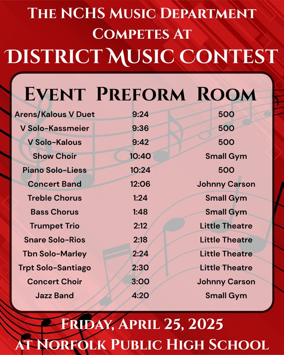 Good luck to the NCHS Music Department as they compete at District Music Contest. All events will take place Norfolk Public. Come enjoy a day of music!
<a href="/knightbandNC/">NC Band</a> 
<a href="/NorfolkCatholic/">Norfolk Catholic School</a>
