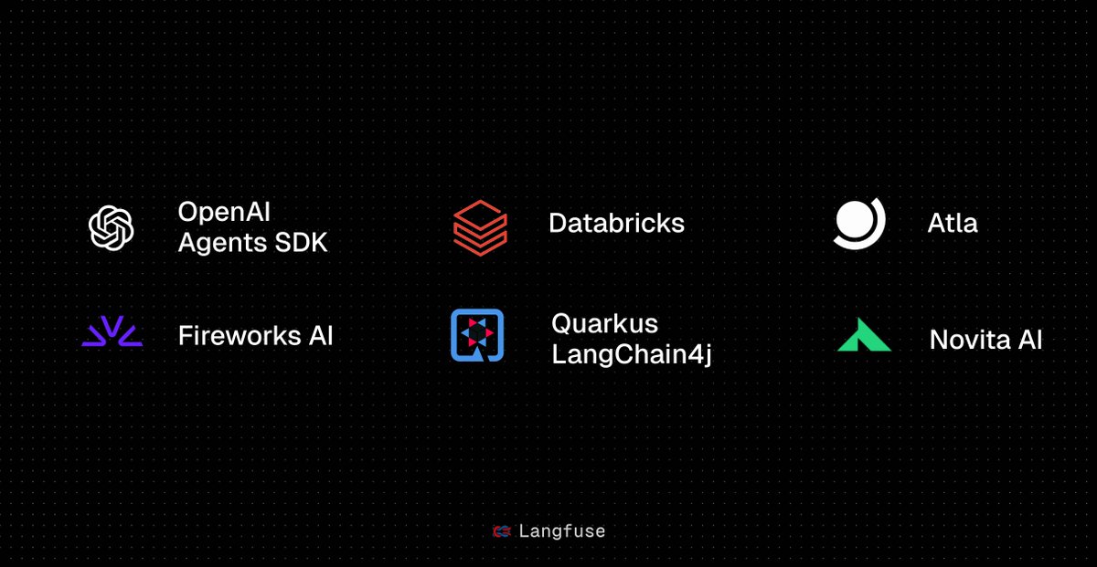 New integrations: OpenAI Agents SDK, Atla AI, Databricks, Fireworks AI, Quarkus LangChain4j, Novita AI and more

Integration docs: langfuse.com/docs/integrati…